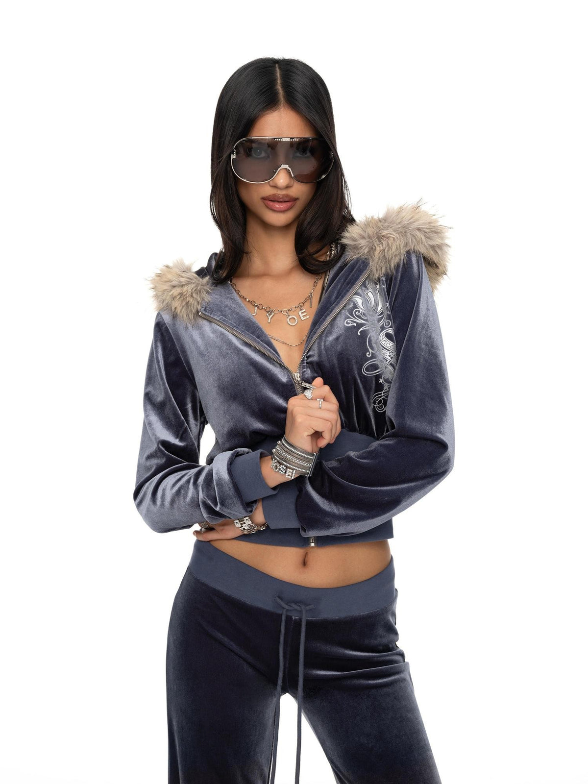 JYOSEI Blue Velvet Letter Print Zip Hoodie Loose Women's Polyester Top & Pants Sets