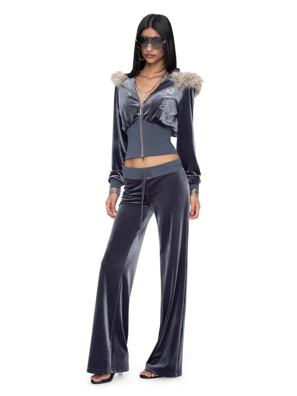 JYOSEI Blue Velvet Letter Print Zip Hoodie Loose Women's Polyester Top & Pants Sets