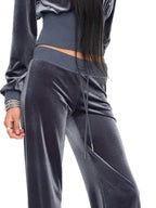 JYOSEI Blue Velvet Letter Print Zip Hoodie Loose Women's Polyester Top & Pants Sets