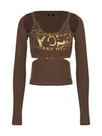 JYOSEI Brown Foil Print Cutout Raglan Sleeve Women's Slim Fit Cotton Long Sleeve T-shirts