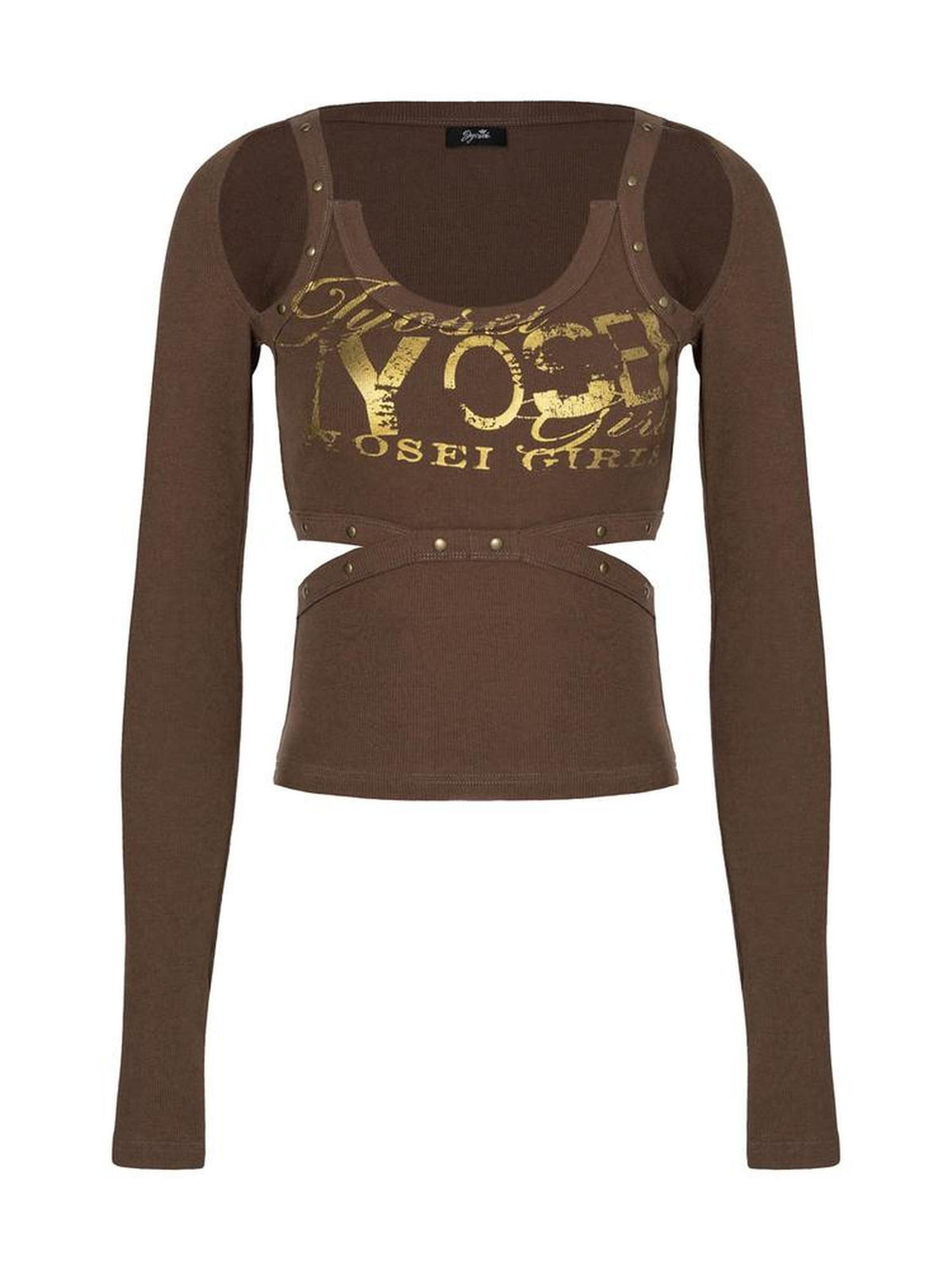 JYOSEI Brown Foil Print Cutout Raglan Sleeve Women's Slim Fit Cotton Long Sleeve T-shirts