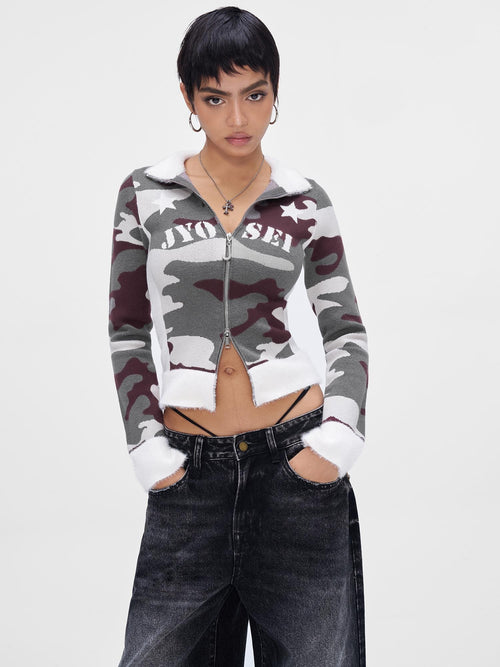 JYOSEI Camouflage Print Spliced Knit Slim Fit Women's Lightweight Jackets