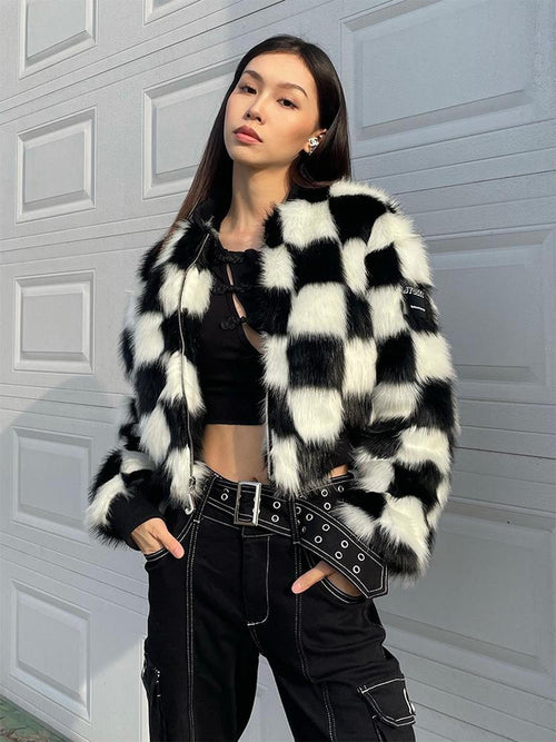 JYOSEI Checkered Rhinestone Studded Faux Fur Women's Short Coats