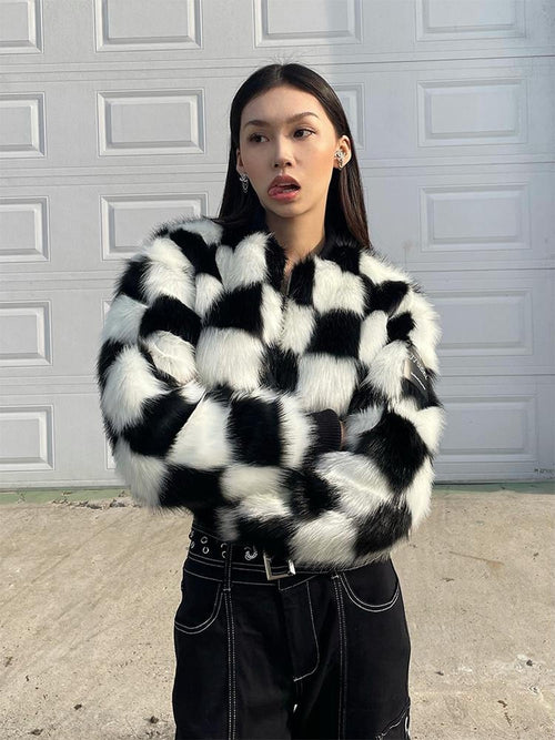 JYOSEI Checkered Rhinestone Studded Faux Fur Women's Short Coats