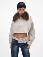 JYOSEI Distressed Faux Fur Trim Panelled Oversized Women's Cropped Jackets