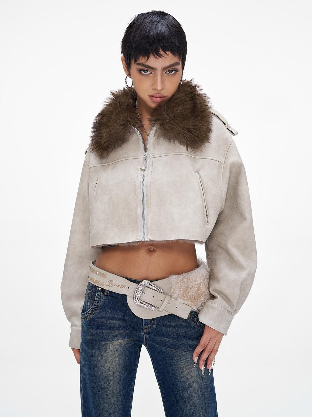 JYOSEI Distressed Faux Fur Trim Panelled Oversized Women's Cropped Jackets