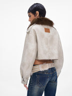 JYOSEI Distressed Faux Fur Trim Panelled Oversized Women's Cropped Jackets