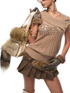 JYOSEI Distressed Pleated Studded Mid Rise Women's Pu Mini Skirts