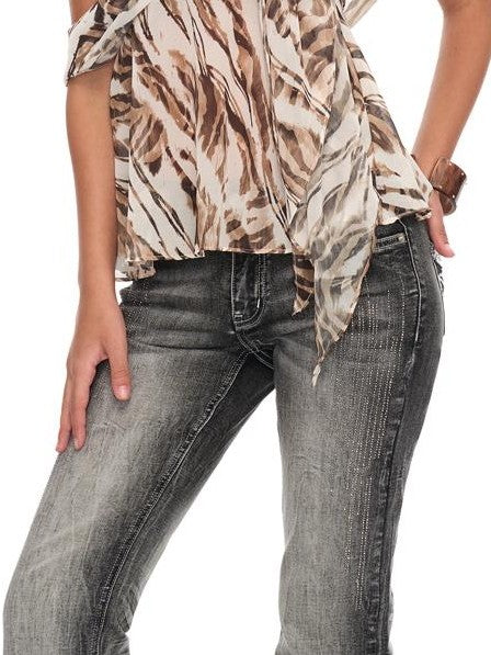 JYOSEI Embroidered Rhinestone Gradient Wash Women's Cotton Skinny Jeans