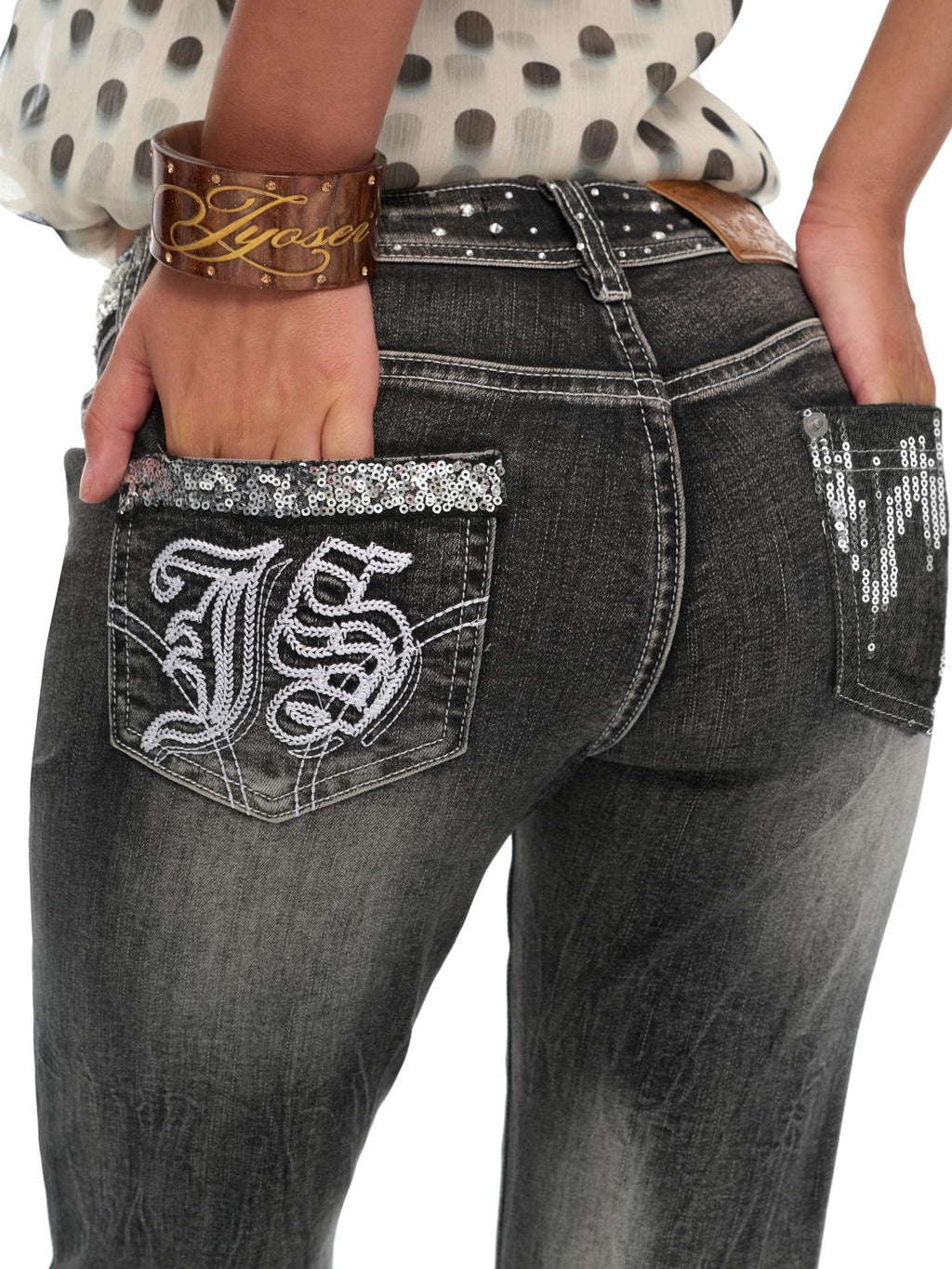 JYOSEI Embroidered Rhinestone Gradient Wash Women's Cotton Skinny Jeans