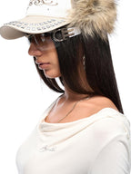 JYOSEI Embroidered Studded Fuzzy Earflap Round Crown Pink Champagne Women's Polyester Baseball Caps