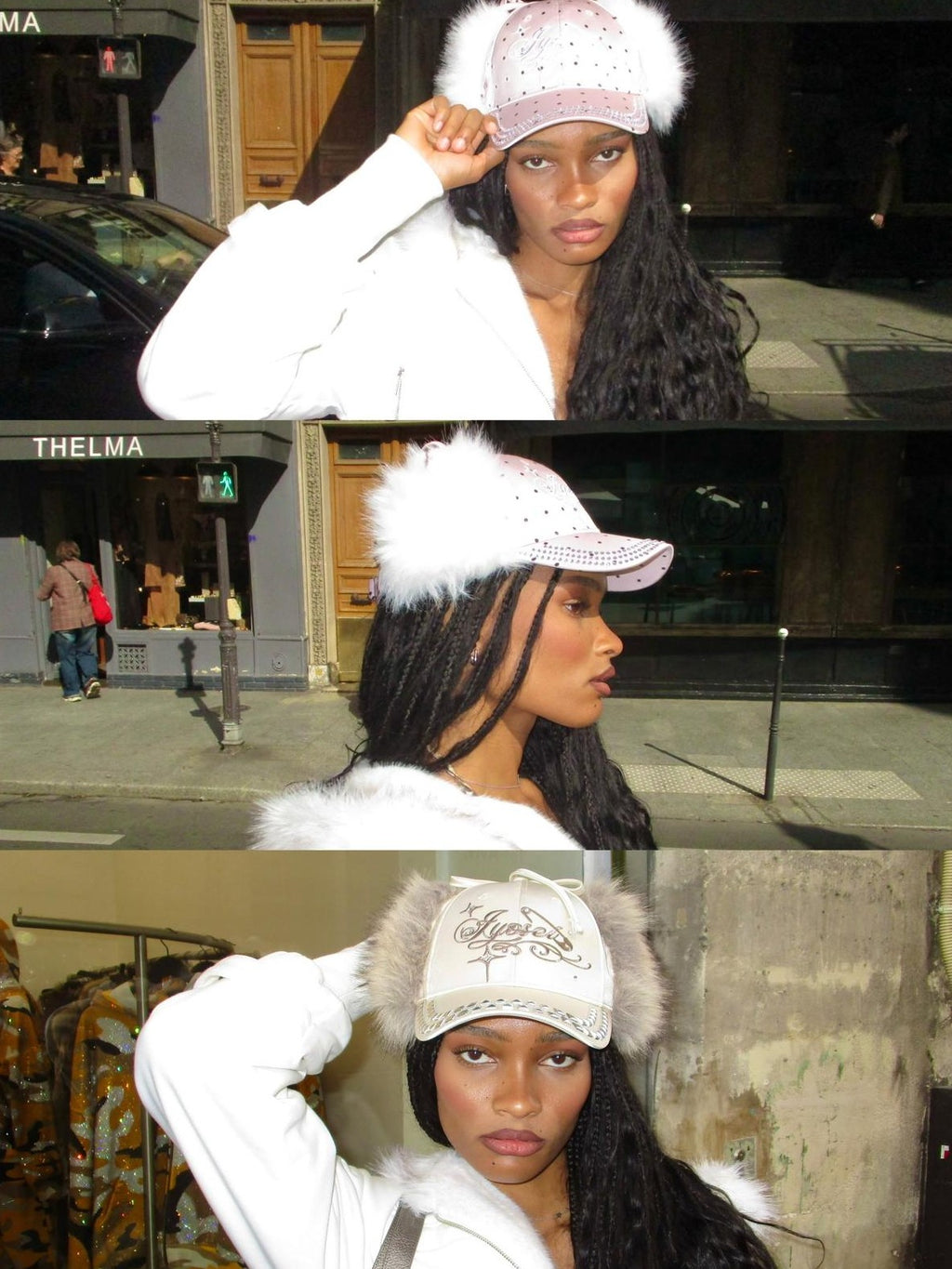 JYOSEI Embroidered Studded Fuzzy Earflap Round Crown Pink Champagne Women's Polyester Baseball Caps