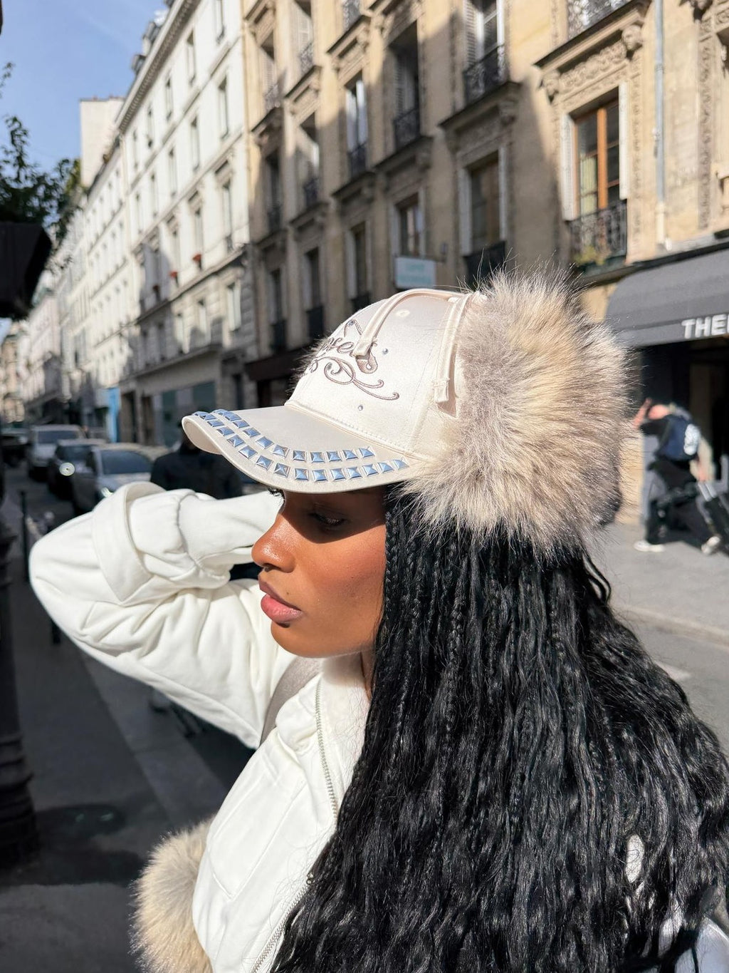 JYOSEI Embroidered Studded Fuzzy Earflap Round Crown Pink Champagne Women's Polyester Baseball Caps