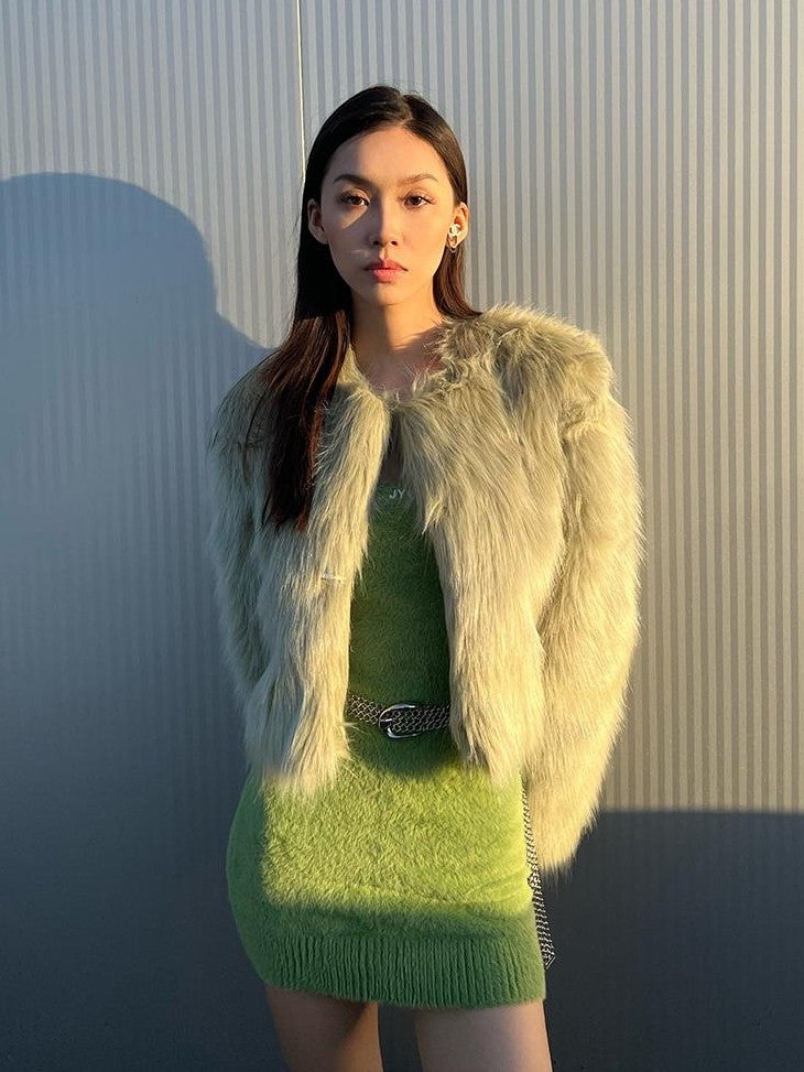 JYOSEI Faux Fur 3d Embellished Streetwear Women's Loose Cropped Jackets