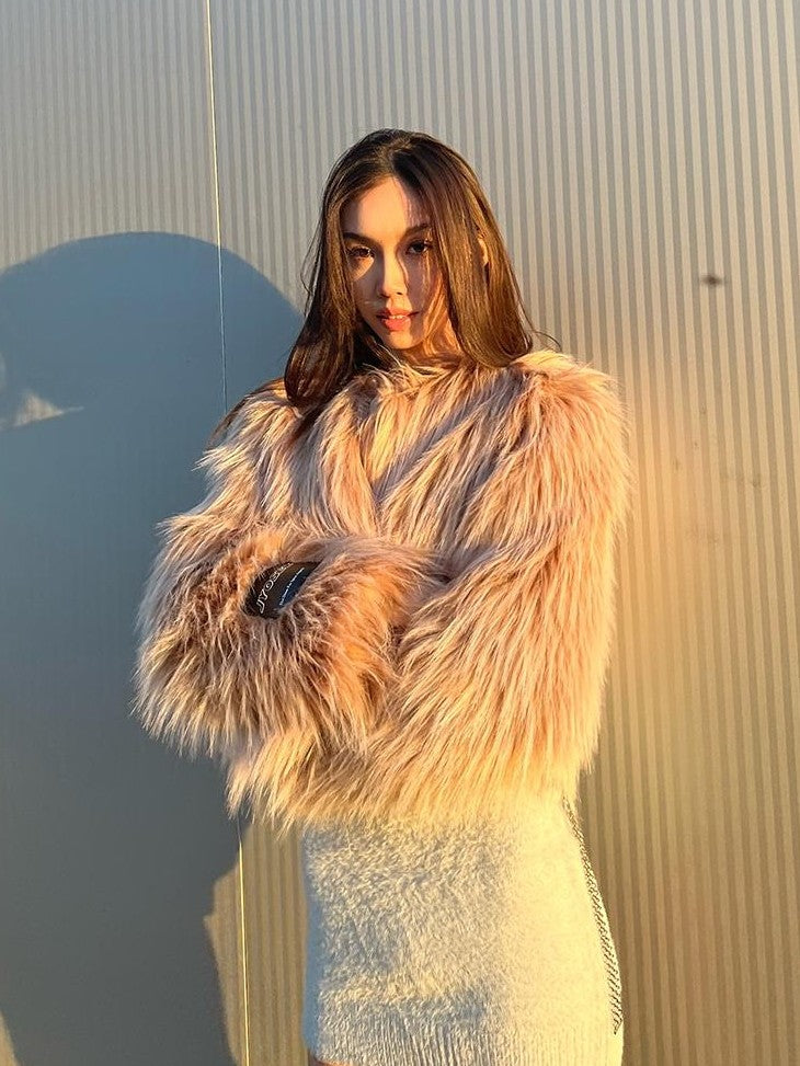 JYOSEI Faux Fur 3d Embellished Streetwear Women's Loose Cropped Jackets