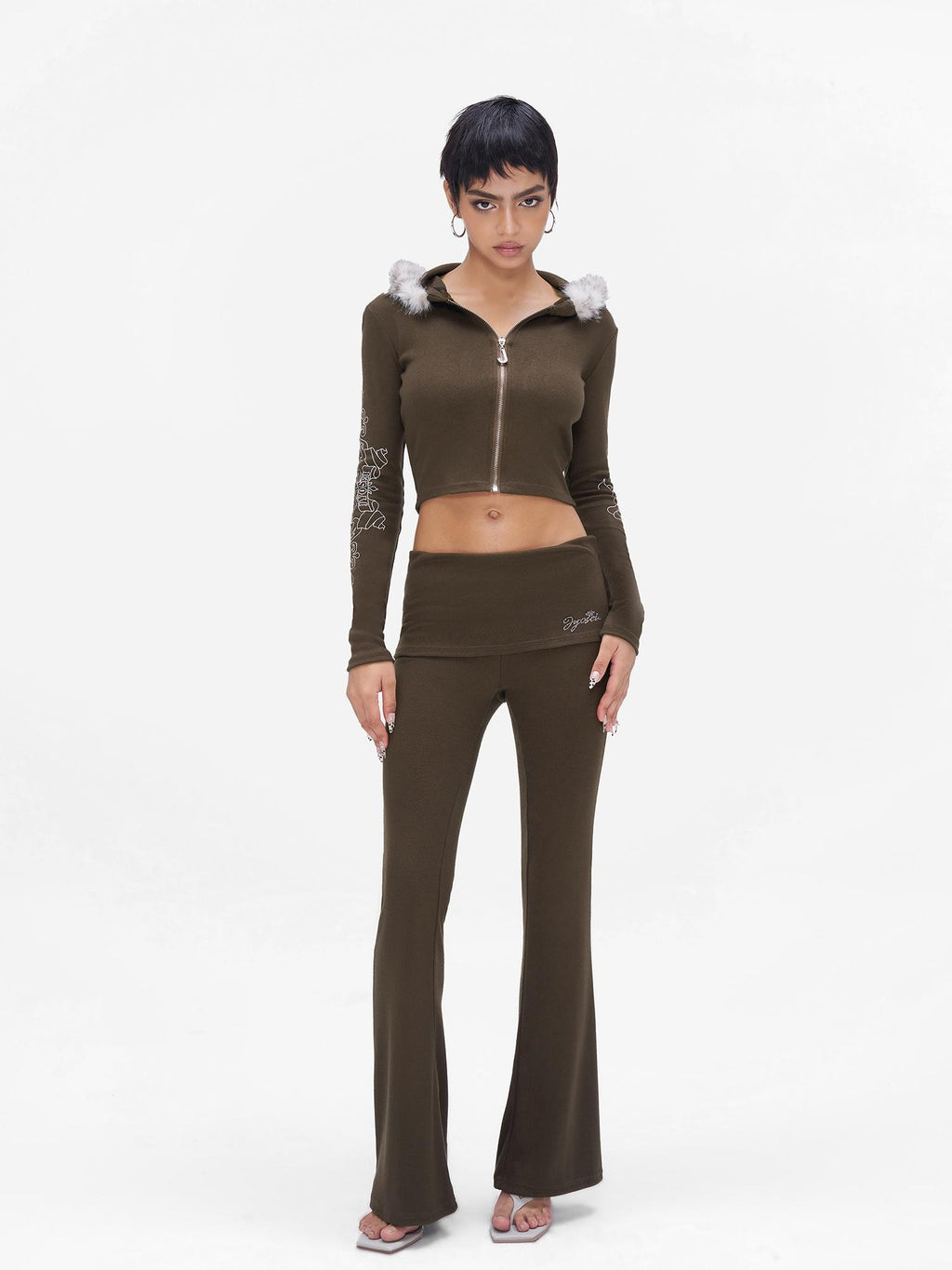 JYOSEI Faux Fur Print Knit Hooded Slim High Waist Women's Top & Pants Sets