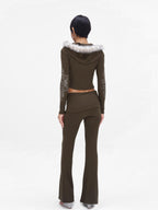 JYOSEI Faux Fur Print Knit Hooded Slim High Waist Women's Top & Pants Sets