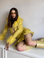 JYOSEI Faux Leather Bright Yellow Faux Fur Collar High Waist Women's Top & Skirt Sets