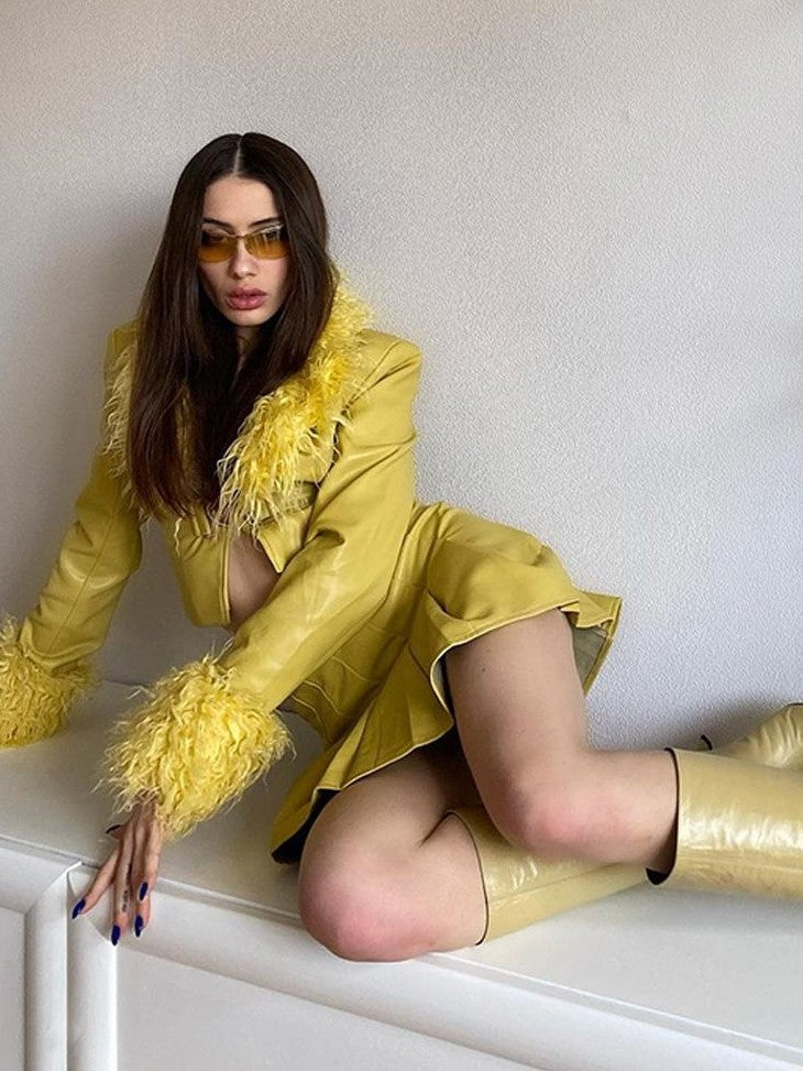 JYOSEI Faux Leather Bright Yellow Faux Fur Collar High Waist Women's Top & Skirt Sets