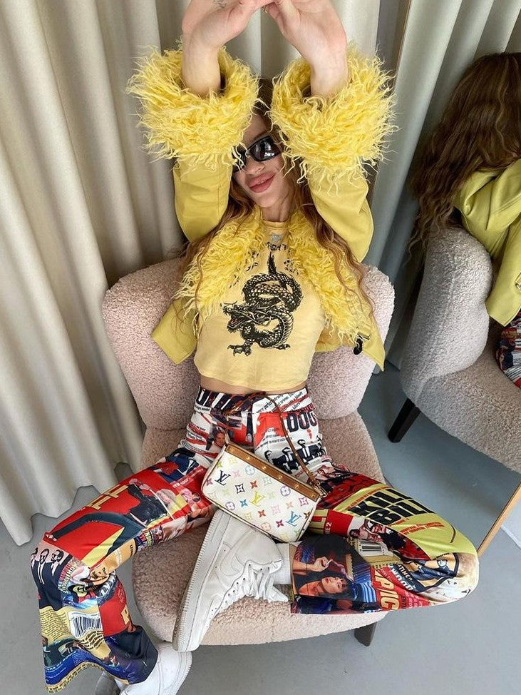 JYOSEI Faux Leather Bright Yellow Faux Fur Collar High Waist Women's Top & Skirt Sets