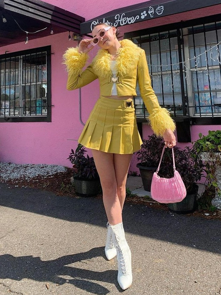 JYOSEI Faux Leather Bright Yellow Faux Fur Collar High Waist Women's Top & Skirt Sets