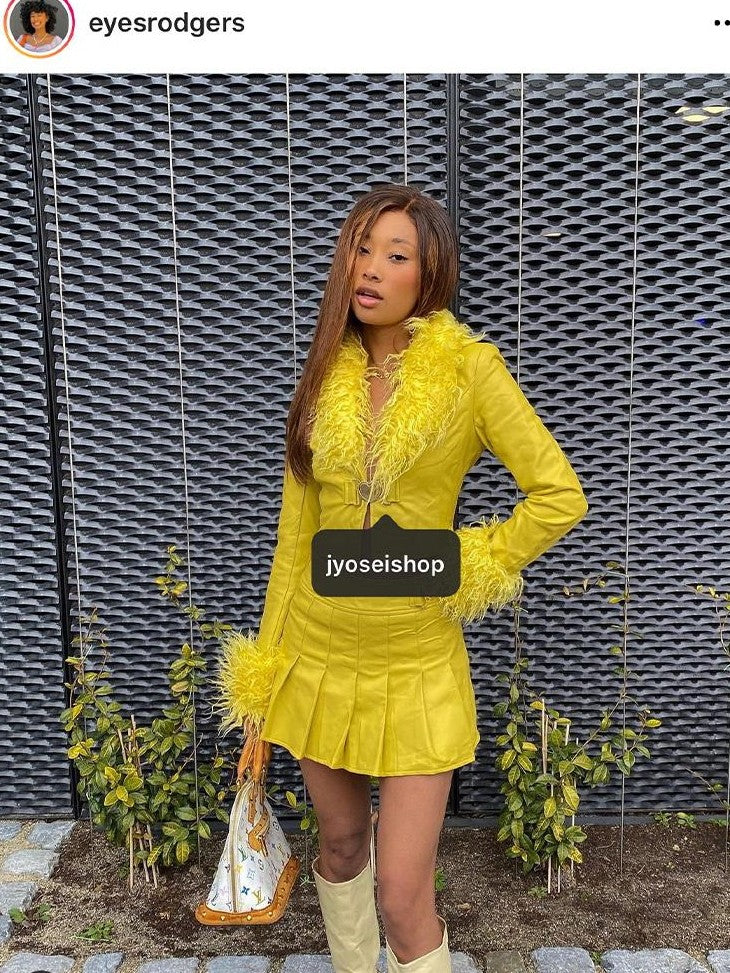 JYOSEI Faux Leather Bright Yellow Faux Fur Collar High Waist Women's Top & Skirt Sets