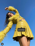 JYOSEI Faux Leather Bright Yellow Faux Fur Collar High Waist Women's Top & Skirt Sets