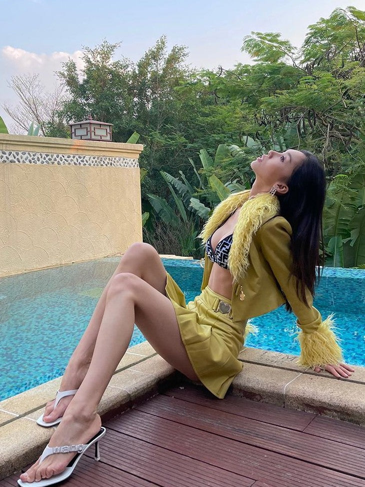JYOSEI Faux Leather Bright Yellow Faux Fur Collar High Waist Women's Top & Skirt Sets