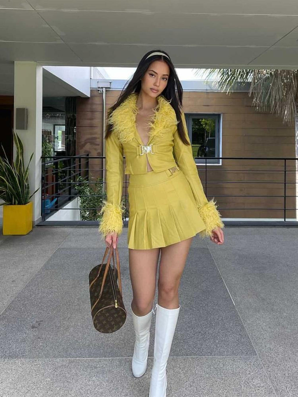 JYOSEI Faux Leather Bright Yellow Faux Fur Collar High Waist Women's Top & Skirt Sets