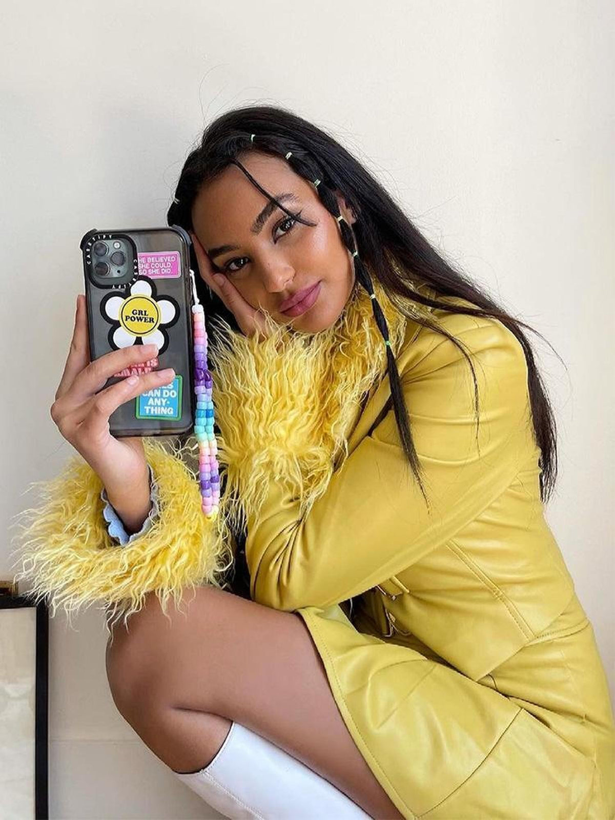 JYOSEI Faux Leather Bright Yellow Faux Fur Collar High Waist Women's Top & Skirt Sets