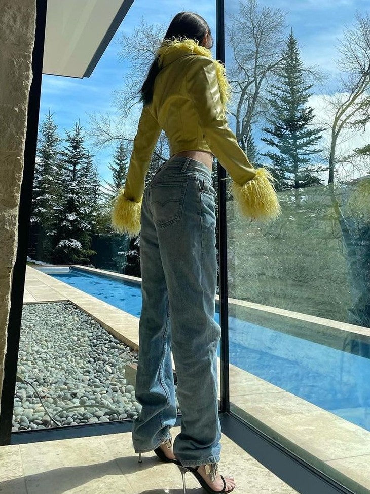 JYOSEI Faux Leather Bright Yellow Faux Fur Collar High Waist Women's Top & Skirt Sets