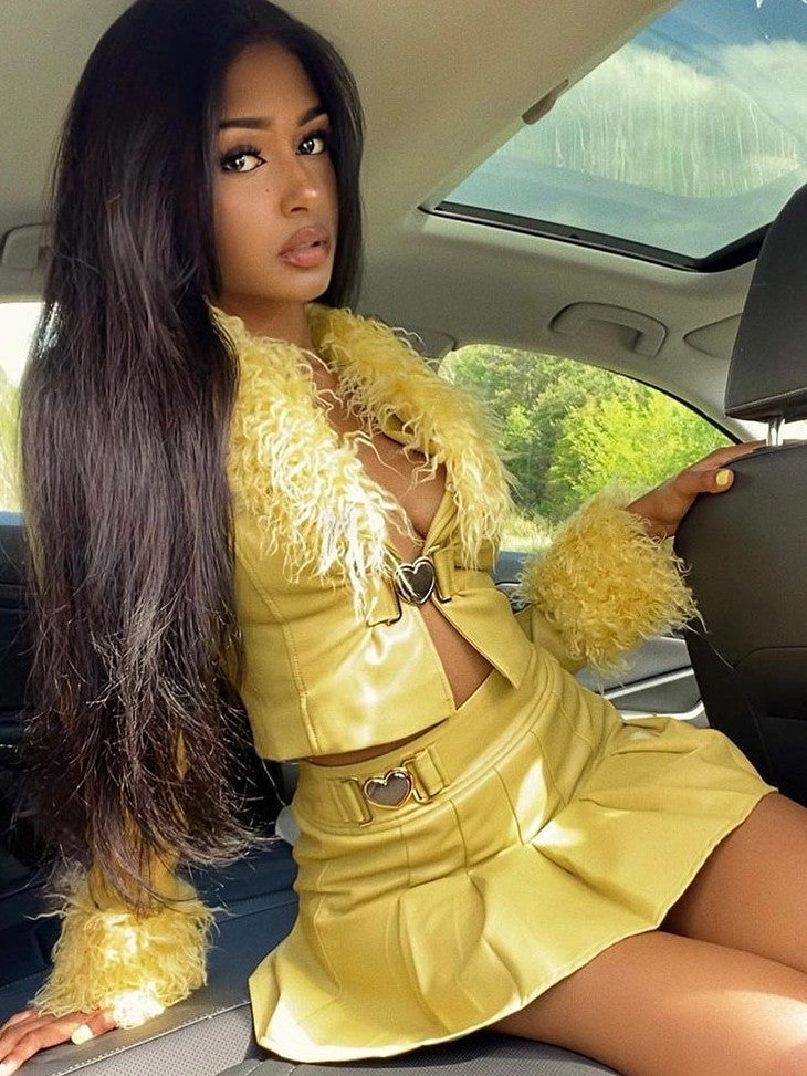 JYOSEI Faux Leather Bright Yellow Faux Fur Collar High Waist Women's Top & Skirt Sets