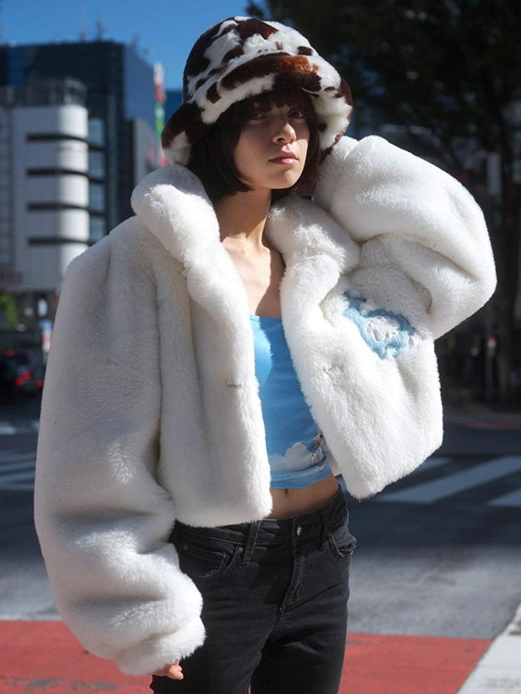 JYOSEI Faux Rabbit Fur Puff Sleeve Cropped Women's Puffer Jackets