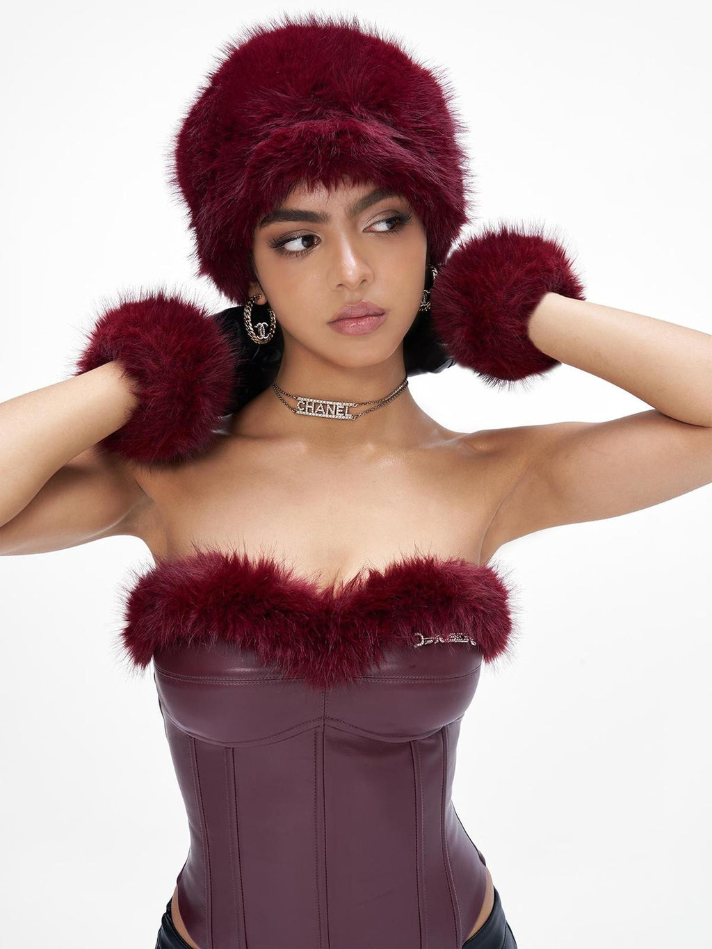 JYOSEI Fur Trim Spliced Corset Pu Leather Slim Fit Women's Tube Tops