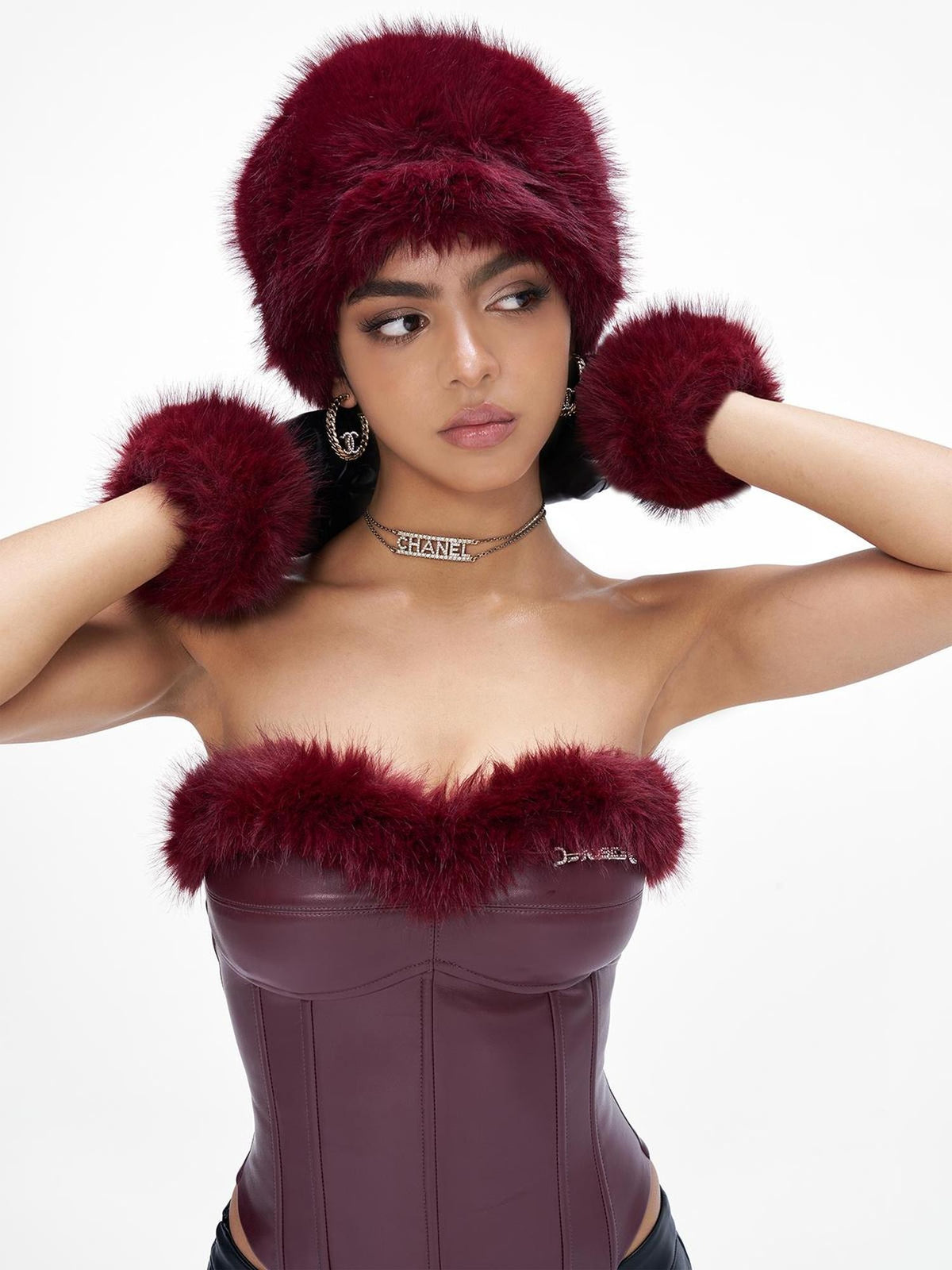 JYOSEI Fur Trim Spliced Corset Pu Leather Slim Fit Women's Tube Tops