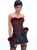 JYOSEI Fur Trim Spliced Corset Pu Leather Slim Fit Women's Tube Tops