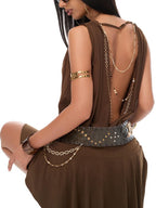 JYOSEI Golden Chain Open Back Ruched Cowl Neck Asymmetric Women's Slip Mini Dresses