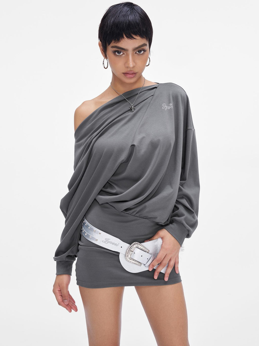 JYOSEI Gray One Shoulder Draped Bodycon Long Sleeve Women's Cotton Casual Mini Dresses