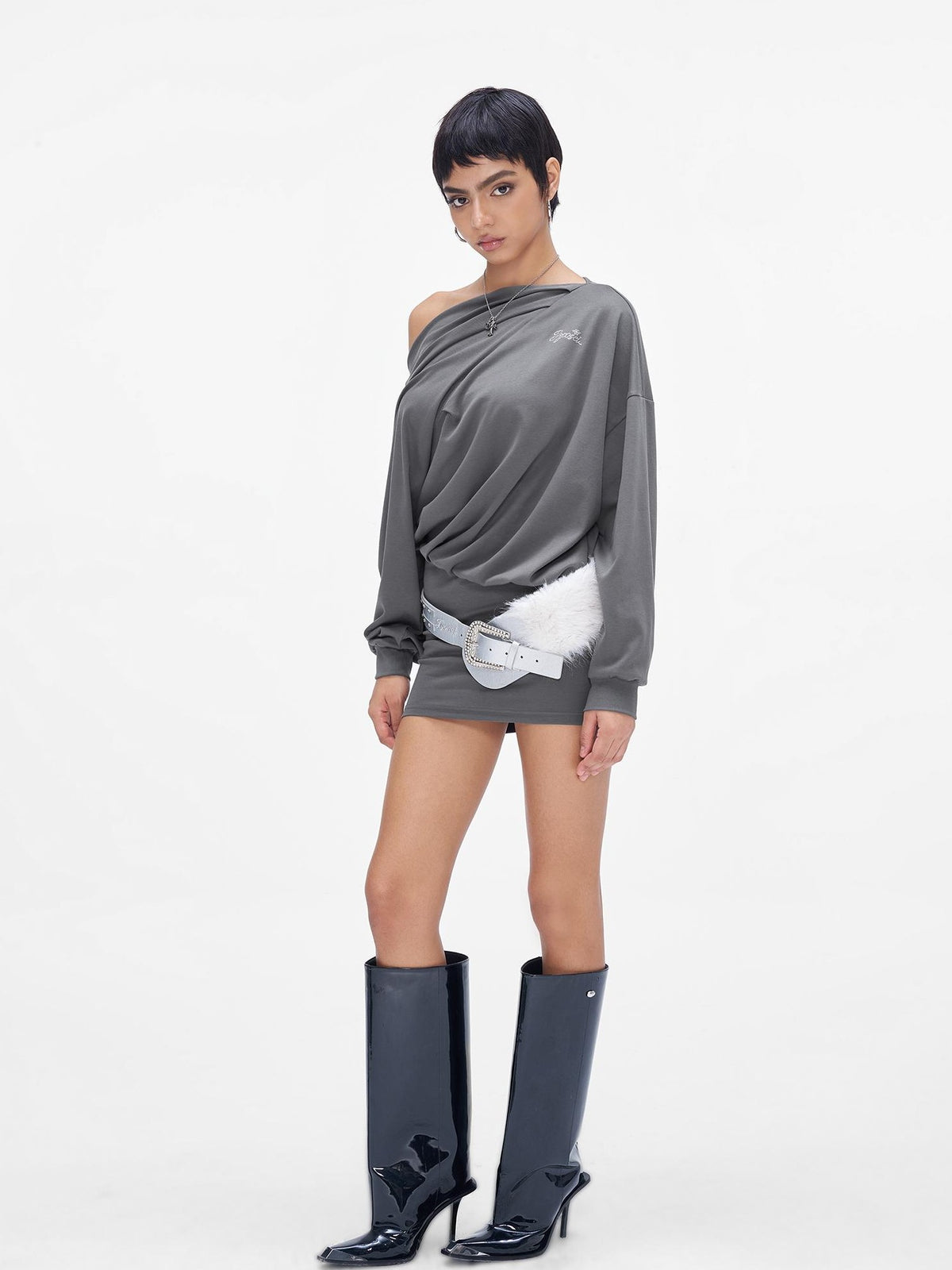 JYOSEI Gray One Shoulder Draped Bodycon Long Sleeve Women's Cotton Casual Mini Dresses