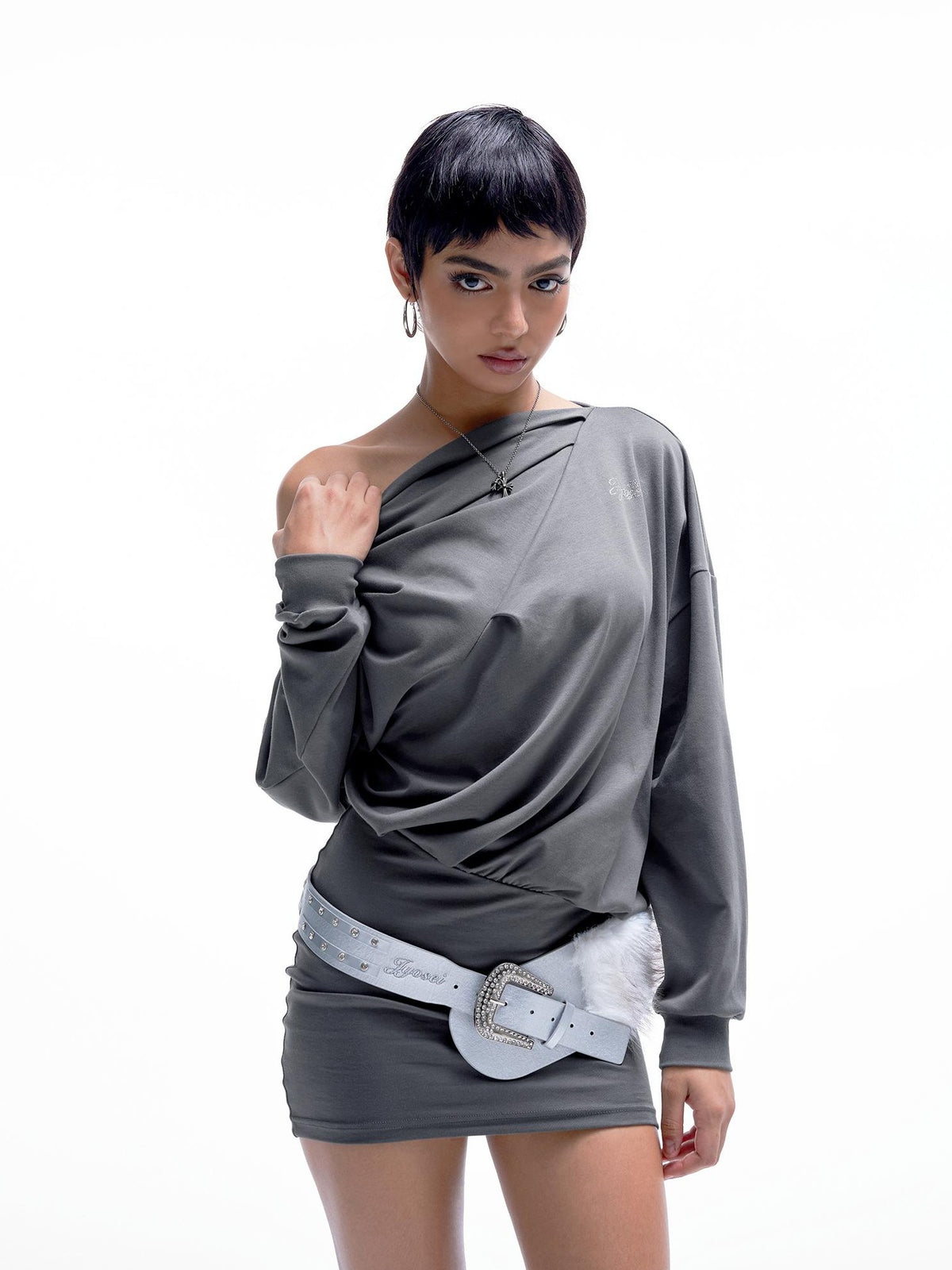 JYOSEI Gray One Shoulder Draped Bodycon Long Sleeve Women's Cotton Casual Mini Dresses