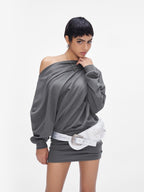 JYOSEI Gray One Shoulder Draped Bodycon Long Sleeve Women's Cotton Casual Mini Dresses