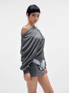 JYOSEI Gray One Shoulder Draped Bodycon Long Sleeve Women's Cotton Casual Mini Dresses