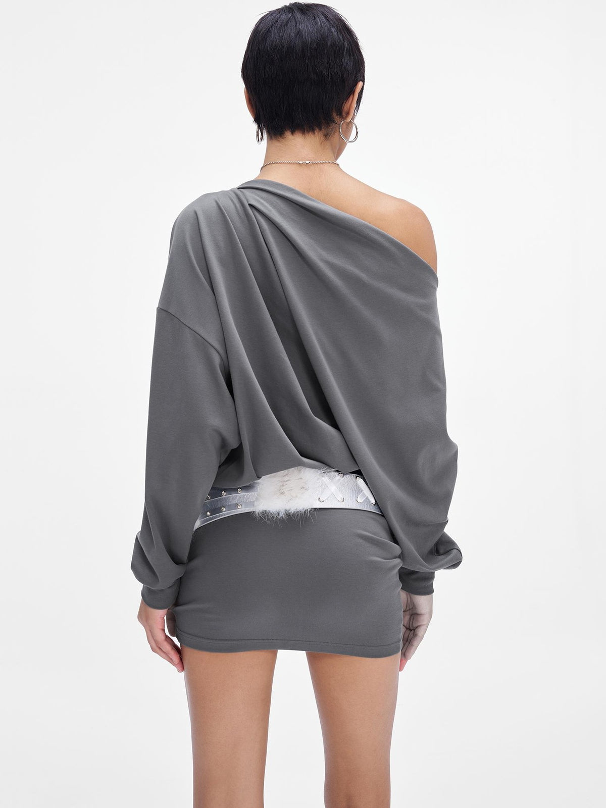 JYOSEI Gray One Shoulder Draped Bodycon Long Sleeve Women's Cotton Casual Mini Dresses