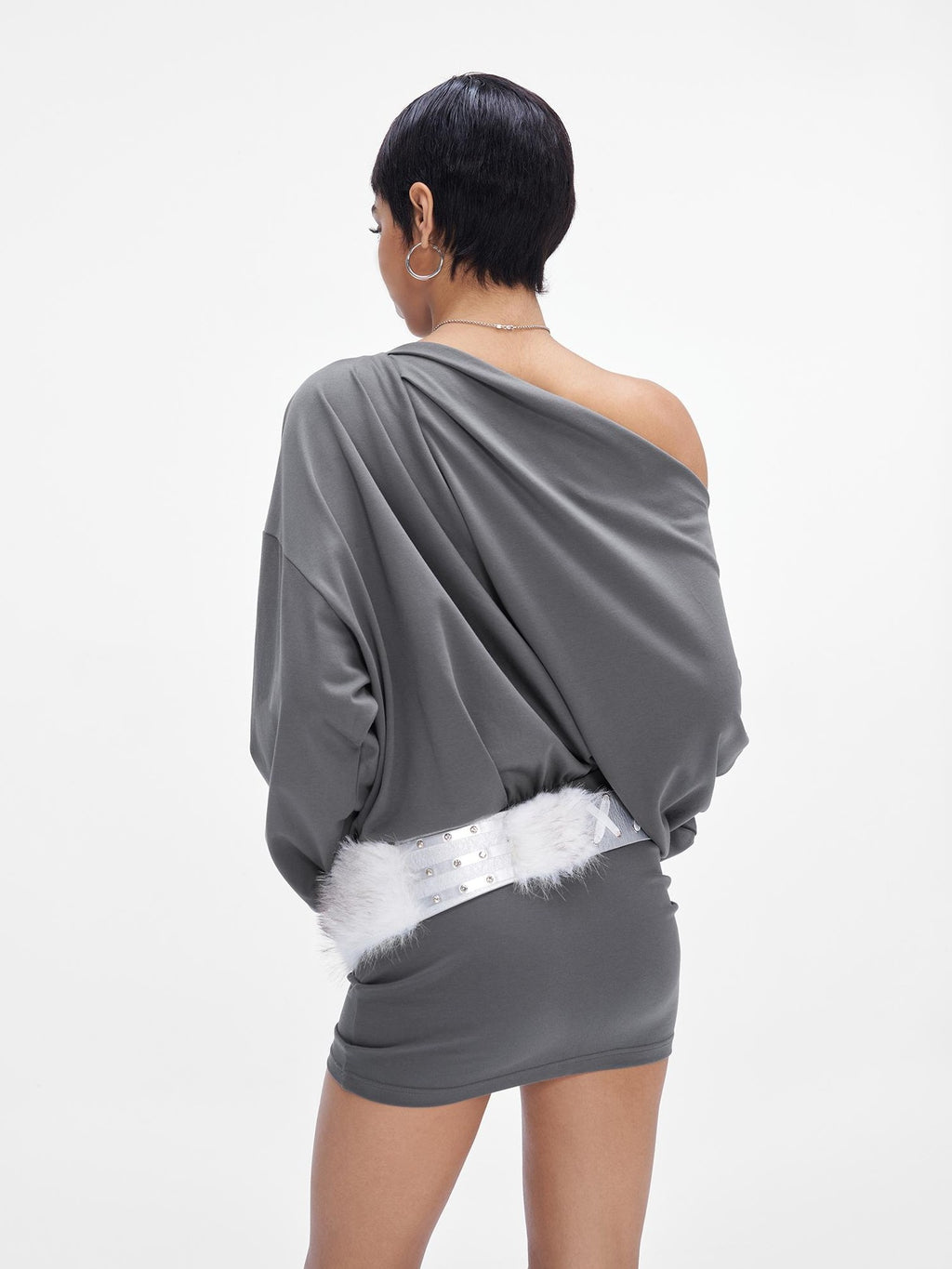 JYOSEI Gray One Shoulder Draped Bodycon Long Sleeve Women's Cotton Casual Mini Dresses