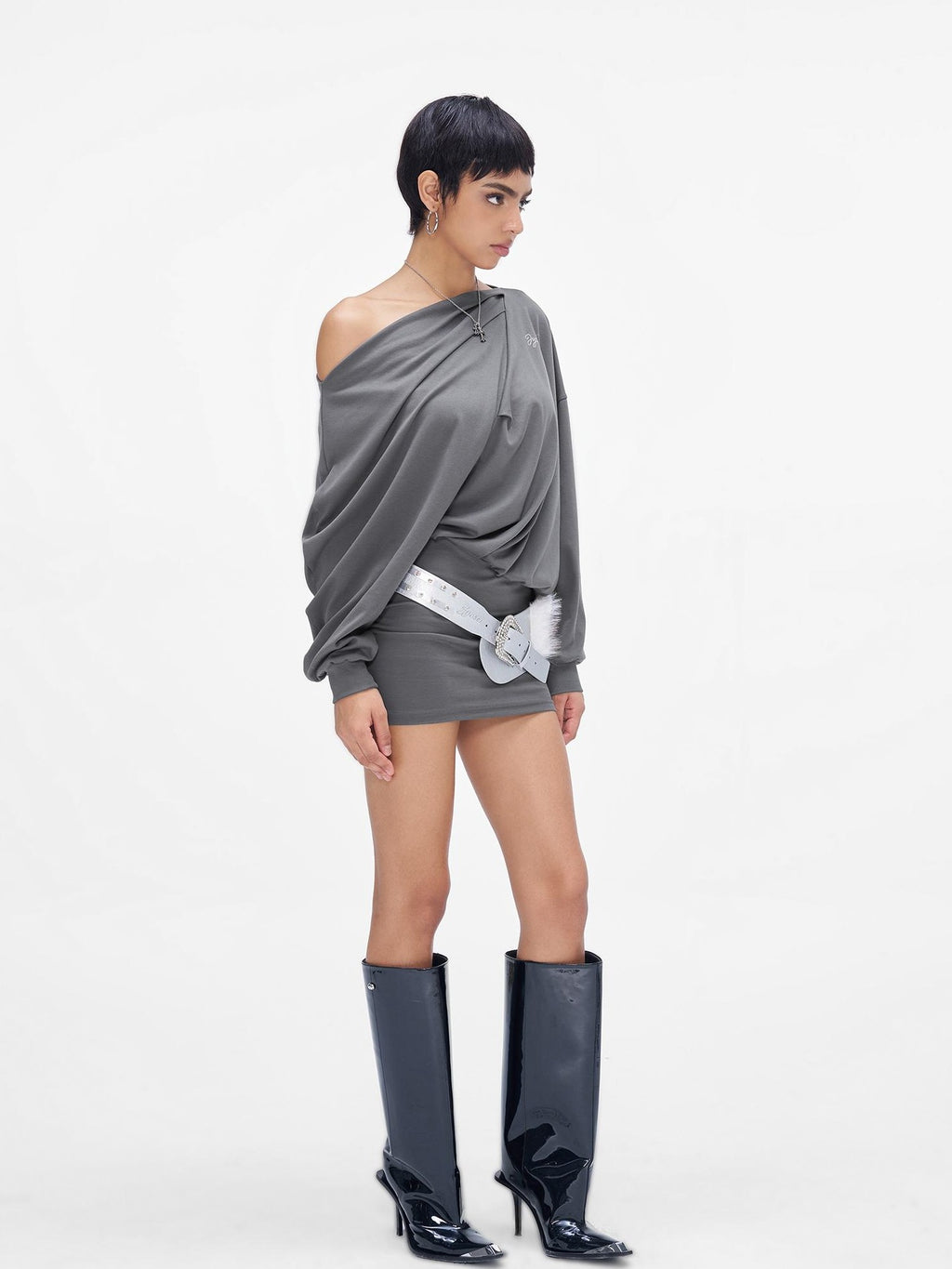 JYOSEI Gray One Shoulder Draped Bodycon Long Sleeve Women's Cotton Casual Mini Dresses