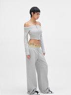 JYOSEI Gray Print Off Shoulder Drawstring Low Waist Women's Cotton Top & Pants Sets