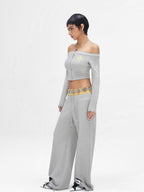 JYOSEI Gray Print Off Shoulder Drawstring Low Waist Women's Cotton Top & Pants Sets