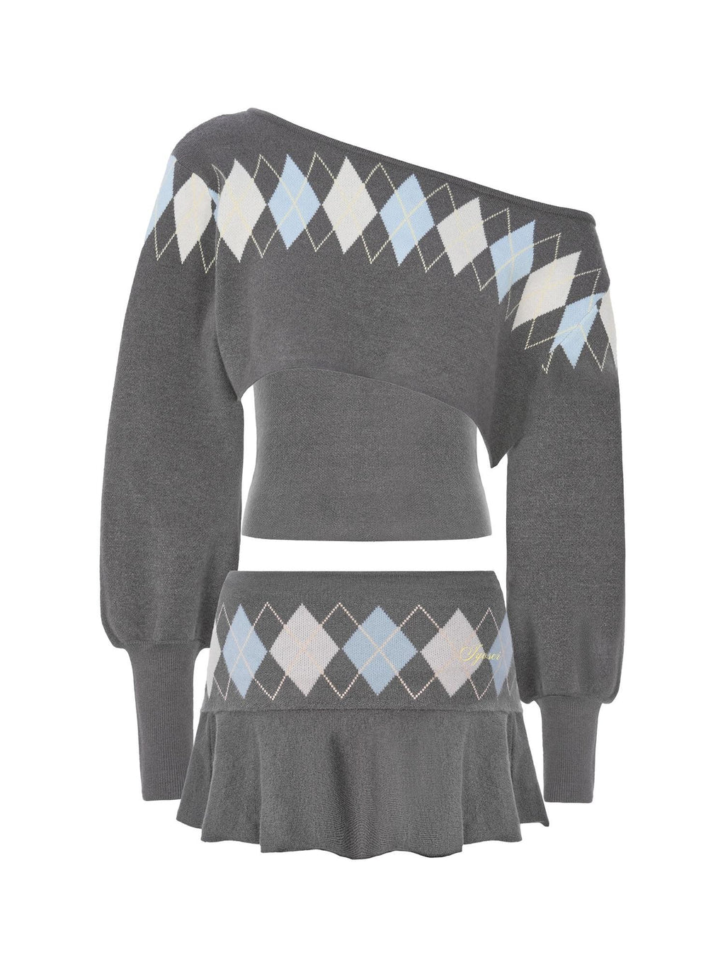JYOSEI Grey Argyle Embroidered Knit Bandeau Pleated Women's Polyester Top & Skirt Sets