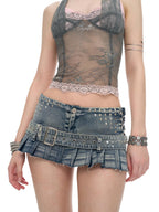 JYOSEI Light Blue Washed Distressed Pleated Studded Women's Cotton Mini Skirts