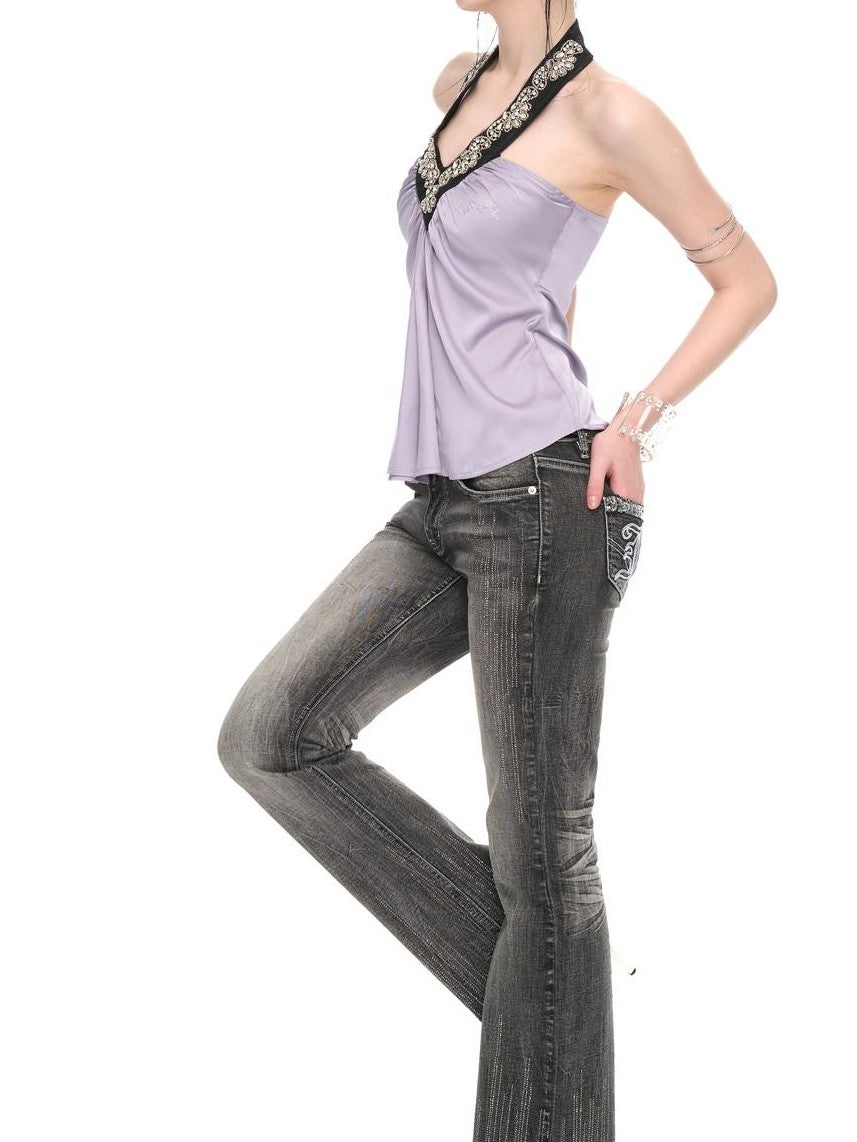 JYOSEI Light Purple Sequin Satin Loose Open Back Halter Women's Camisoles